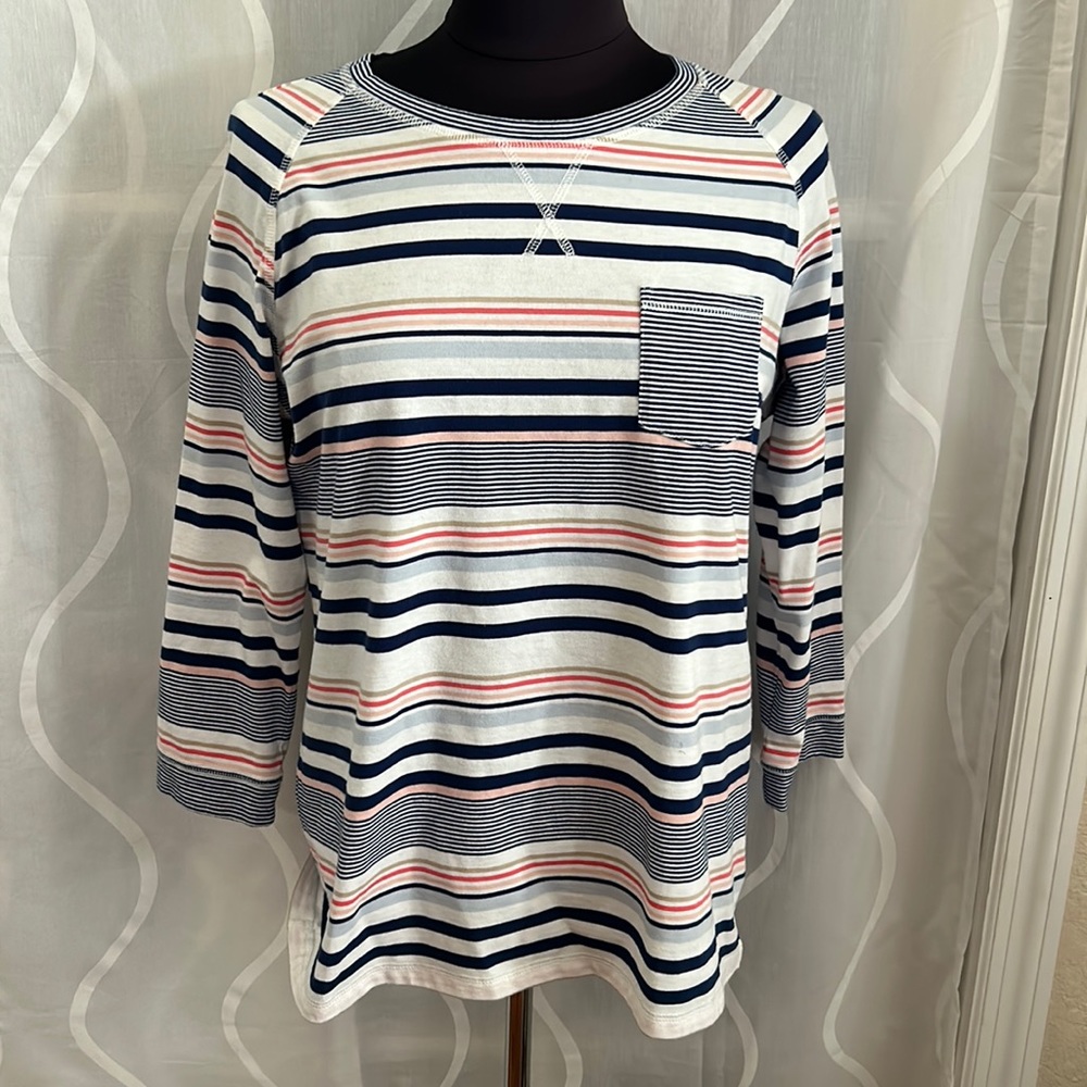 Coral Bay Blue Striped, Round Neck, 3/4 Sleeve Top, Size LP